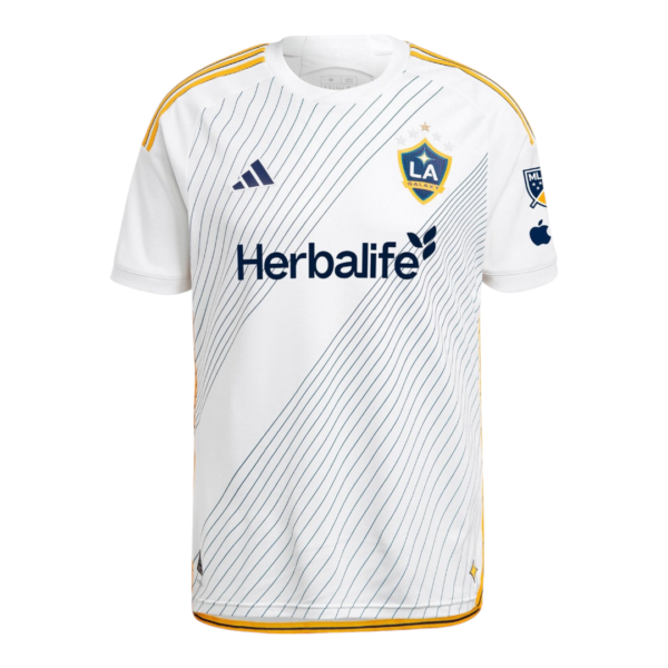 White LA Galaxy soccer jersey with blue diagonal pinstripes, yellow trim, and Herbalife sponsor logo on front.