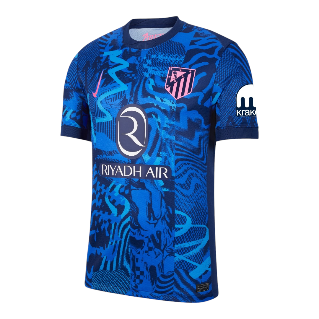 Photoroom-20241104-000849 | UAE SPORT STORE Blue patterned soccer jersey with Riyadh Air sponsor logo and club crest on the chest.