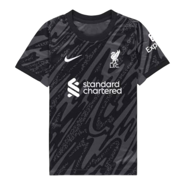 Black Liverpool FC football jersey with diagonal pattern, white Nike swoosh, club crest, and 'standard chartered' sponsor logo front and center.