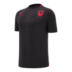 Black Albania national football team jersey with red crest on the chest and a subtle vertical pattern across the front.