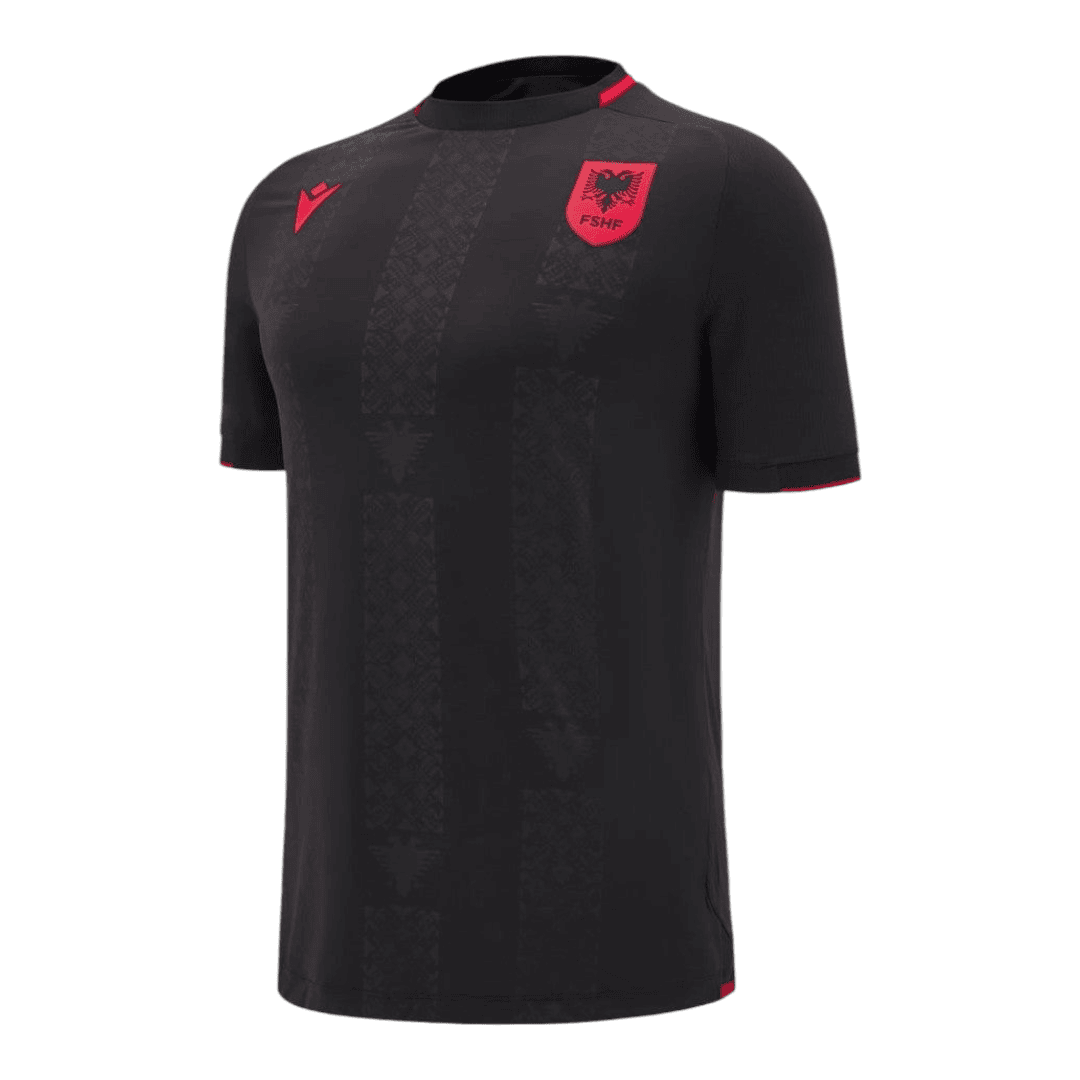 Photoroom-20241123-193946 | UAE SPORT STORE Black Albania national football team jersey with red crest on the chest and a subtle vertical pattern across the front.