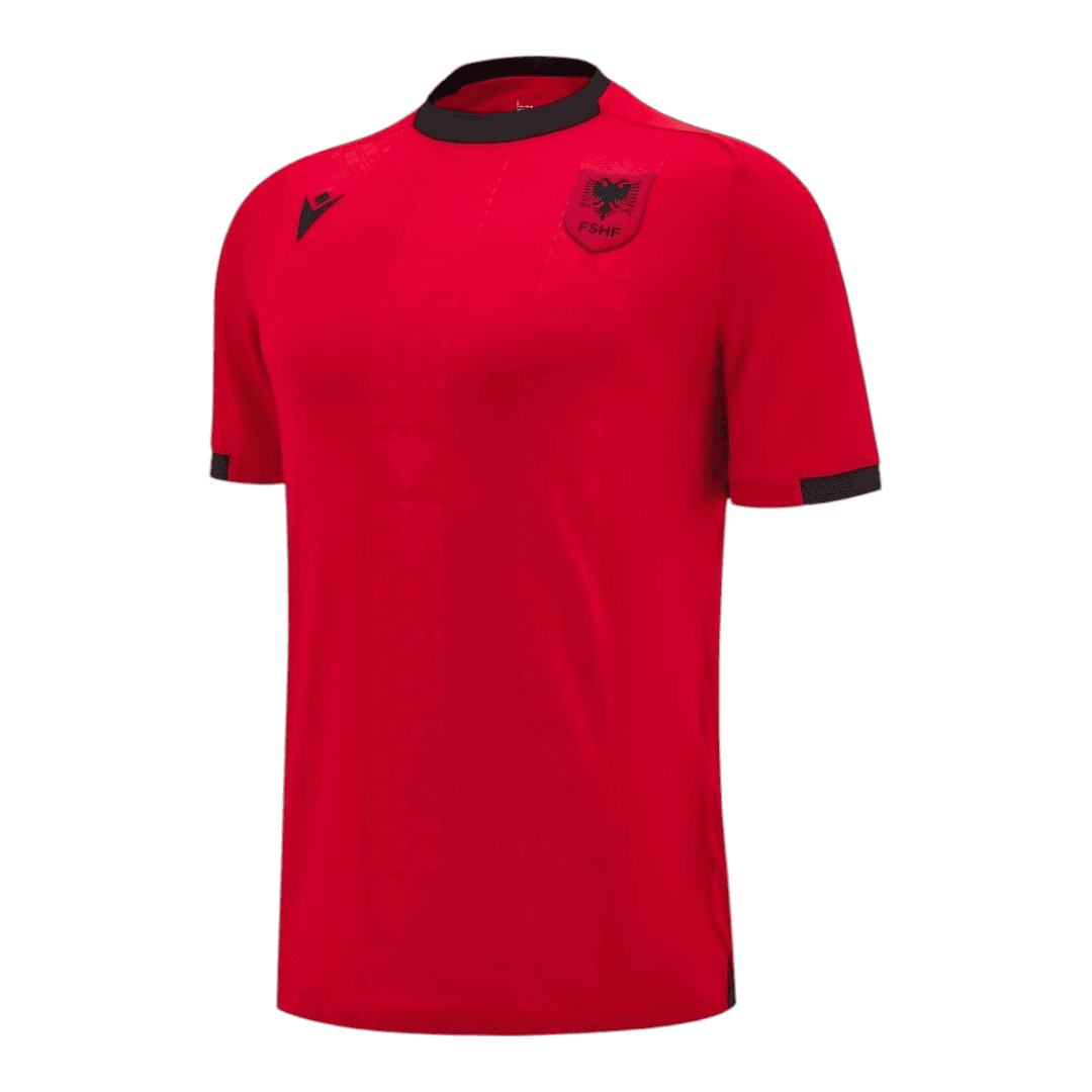 Photoroom-20241123-194015 | UAE SPORT STORE Red football jersey with black collar trim, crest on left chest and brand logo on the right, short sleeves, plain design