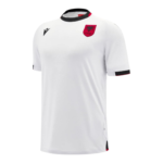 Photoroom-20241123-194117 | UAE SPORT STORE Front view of a white football jersey with a red Albanian FSHH crest on the chest and black collar trim.