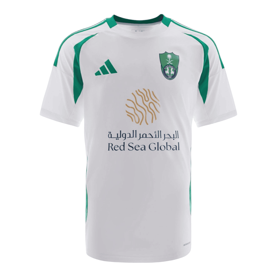 Photoroom-20241123-194223 | UAE SPORT STORE White soccer jersey with green panels and a club crest on the left chest, featuring a gold sponsor logo 'Red Sea Global' in the centerplaque area.