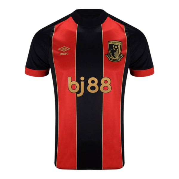 Red and black striped soccer jersey with club crest on chest and 'bj88' sponsor across front, short sleeves with red cuffs, front view.
