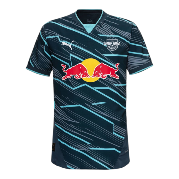 Dark blue football jersey with teal diagonal stripes and the Red Bull logo across the chest; RB Leipzig crest on the left and Puma branding above.