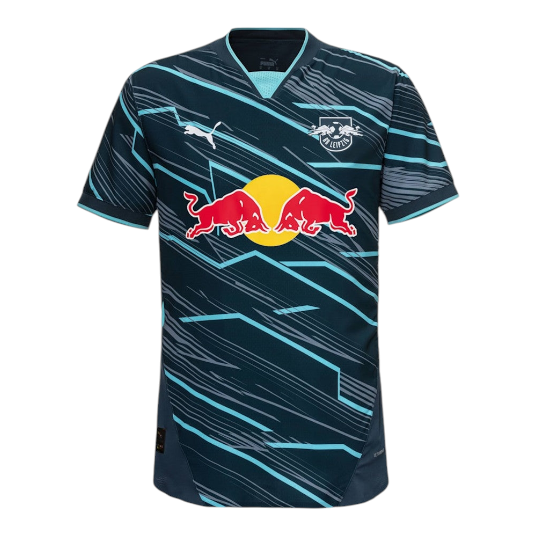 Photoroom-20241123-194322 Dark blue football jersey with teal diagonal stripes and the Red Bull logo across the chest; RB Leipzig crest on the left and Puma branding above.