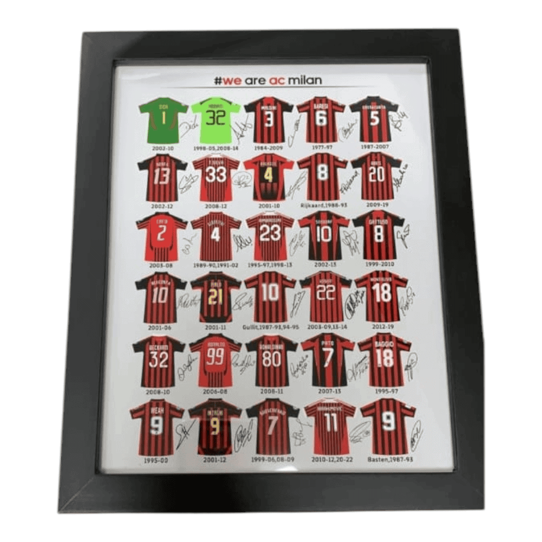 Framed collage of signed AC Milan jerseys in red and black, arranged in rows with a #we are ac milan header.