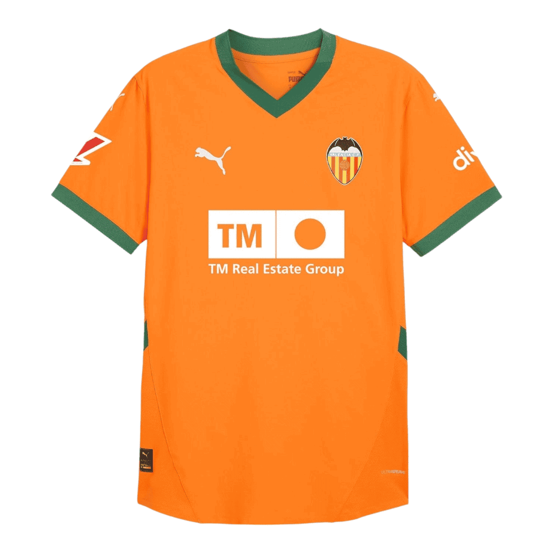 Photoroom-20241123-204211 | UAE SPORT STORE Orange Valencia CF soccer jersey with green V-neck collar and TM Real Estate sponsor logo on the front.**