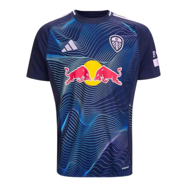 Blue football jersey with a turquoise wavy pattern, large Red Bull sponsor logo center, Adidas logo on left chest, and team crest on right chest.