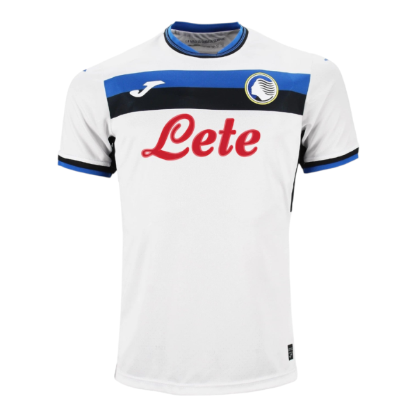 White soccer jersey featuring a blue/black horizontal band across the chest, crest on the left chest, Joma logo on the right chest, and a bright red 'Lete' sponsor across the front.