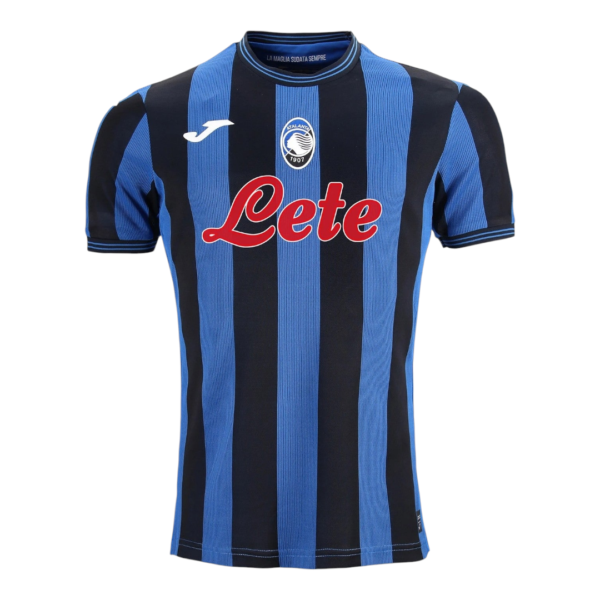 Blue and black vertical striped soccer jersey featuring Atalanta crest and large red 'Lete' sponsor across the chest, with a white brand logo on the left shoulder.