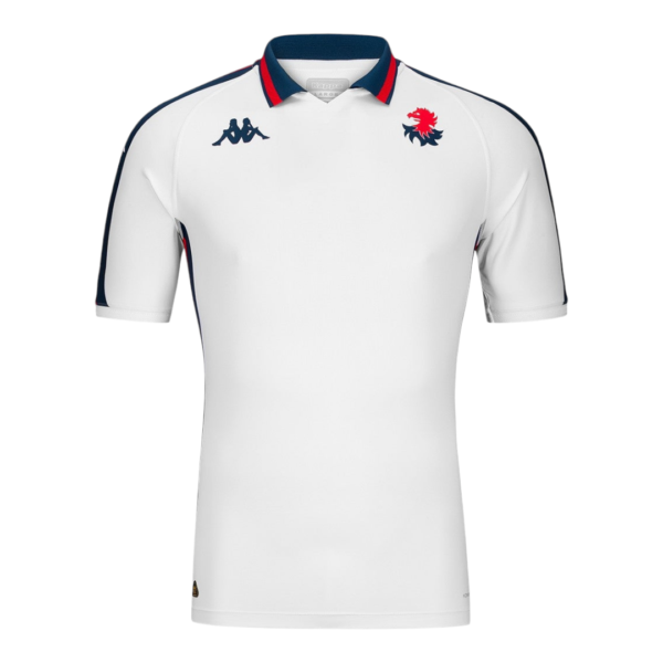 White polo shirt with navy and red collar; left chest features Kappa logo, right chest crest of a red lion.