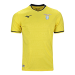 Lazio soccer jersey in bright yellow with navy collar and sleeve trim, Lazio crest on the chest and Mizuno logo on the other side.