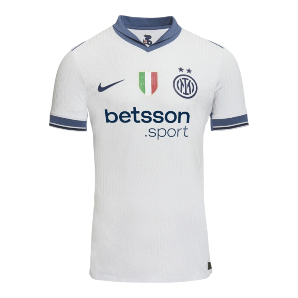 White football jersey with blue accents, Inter Milan crest, Italian flag badge, and 'betsson.sport' sponsor text front center