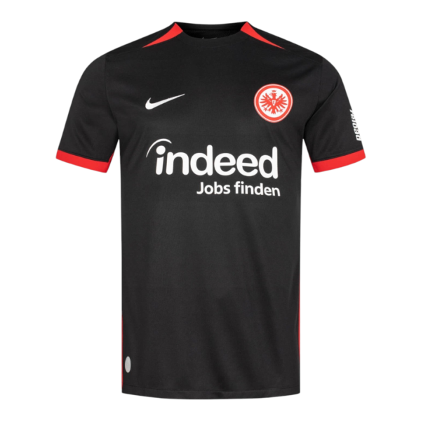 Black soccer jersey with red trim on the sleeves and chest, featuring a white Nike swoosh, a circular red-and-white club crest on the chest, and the 'indeed Jobs finden' sponsor logo.