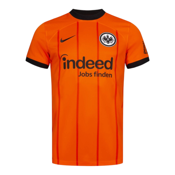 Orange soccer jersey with black collar, vertical stripes, and sponsor 'indeed Jobs finden' on the front; club crest on left chest and Nike swoosh on right chest.