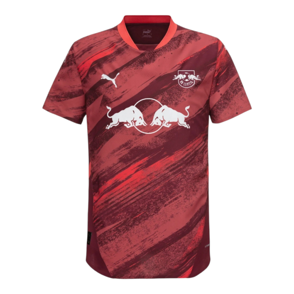 RB Leipzig soccer jersey by Puma in red-maroon with a white bull crest and the team logo on the chest.
