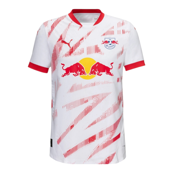 White RB Leipzig football jersey with red diagonal brushstroke pattern, red collar and cuffs, and a central Red Bull logo.