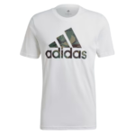 White Adidas T-shirt with a camouflage trefoil logo on the chest, front view.