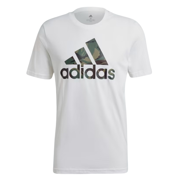 White Adidas T-shirt with a camouflage trefoil logo on the chest, front view.