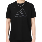 Black T-shirt with a large gray, three-bar geometric logo on the chest.