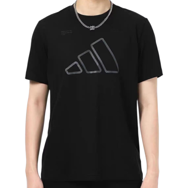 Black T-shirt with a large gray, three-bar geometric logo on the chest.