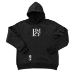 Black hoodie with a white stacked RM C E logo on the chest and Real Madrid tag hanging from the pocket area.