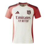 Olympique Lyonnais football jersey with Emirates Fly Better sponsor logo on a white torso and pink-red sleeves. Crest on the chest.