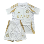 Photoroom-20241206-183629 | UAE SPORT STORE White soccer jersey and shorts set with gold panels, Adidas stripes, crest, and KAFD sponsor text across the chest.