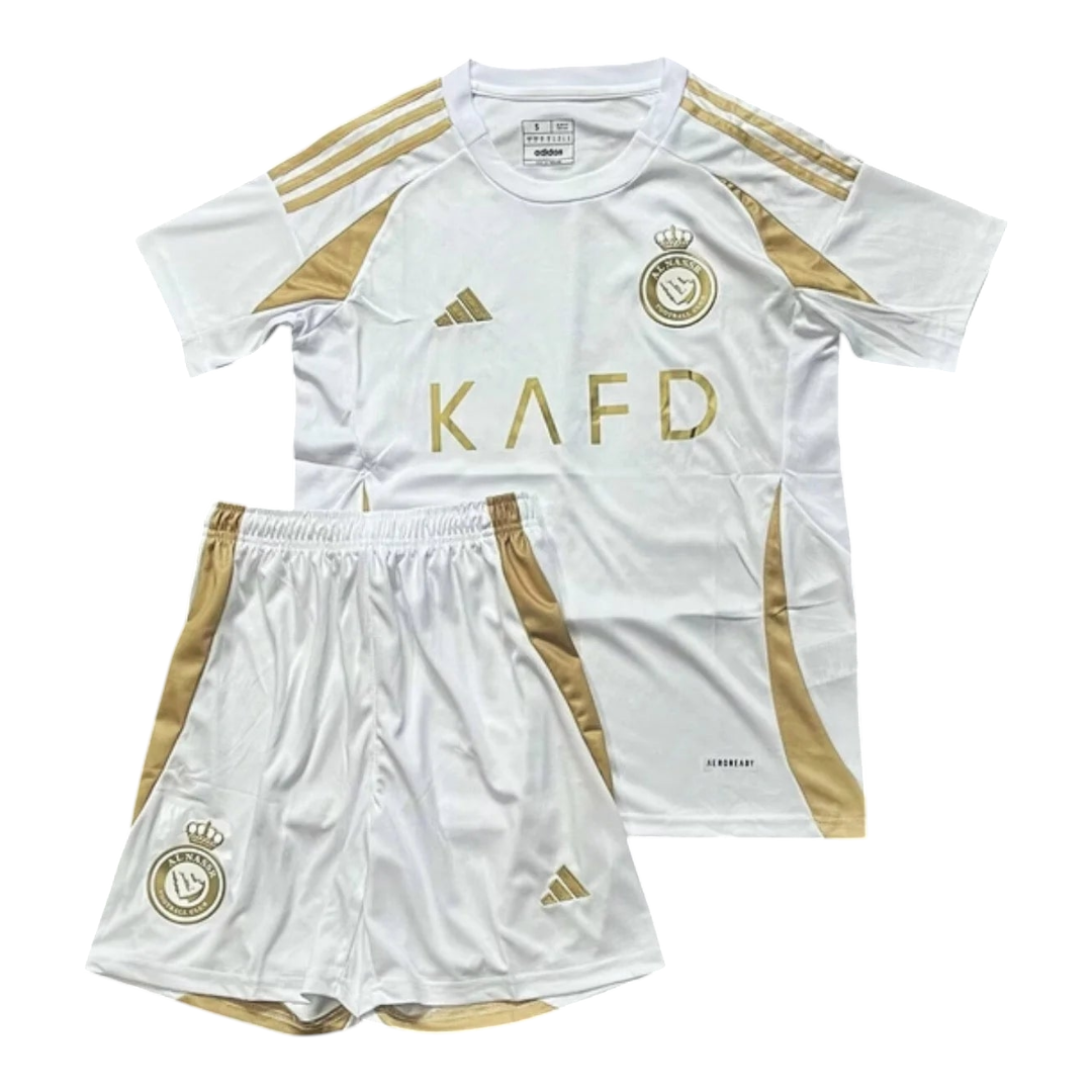 Photoroom-20241206-183629 | UAE SPORT STORE White soccer jersey and shorts set with gold panels, Adidas stripes, crest, and KAFD sponsor text across the chest.