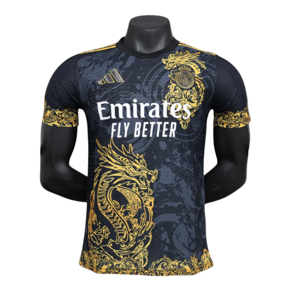 Dark navy Real Madrid jersey with gold dragon artwork and Emirates Fly Better sponsor on the chest.