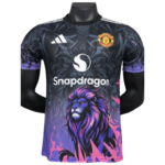 Manchester United football jersey with Snapdragon sponsor, black-to-purple gradient and a purple lion graphic on the front.