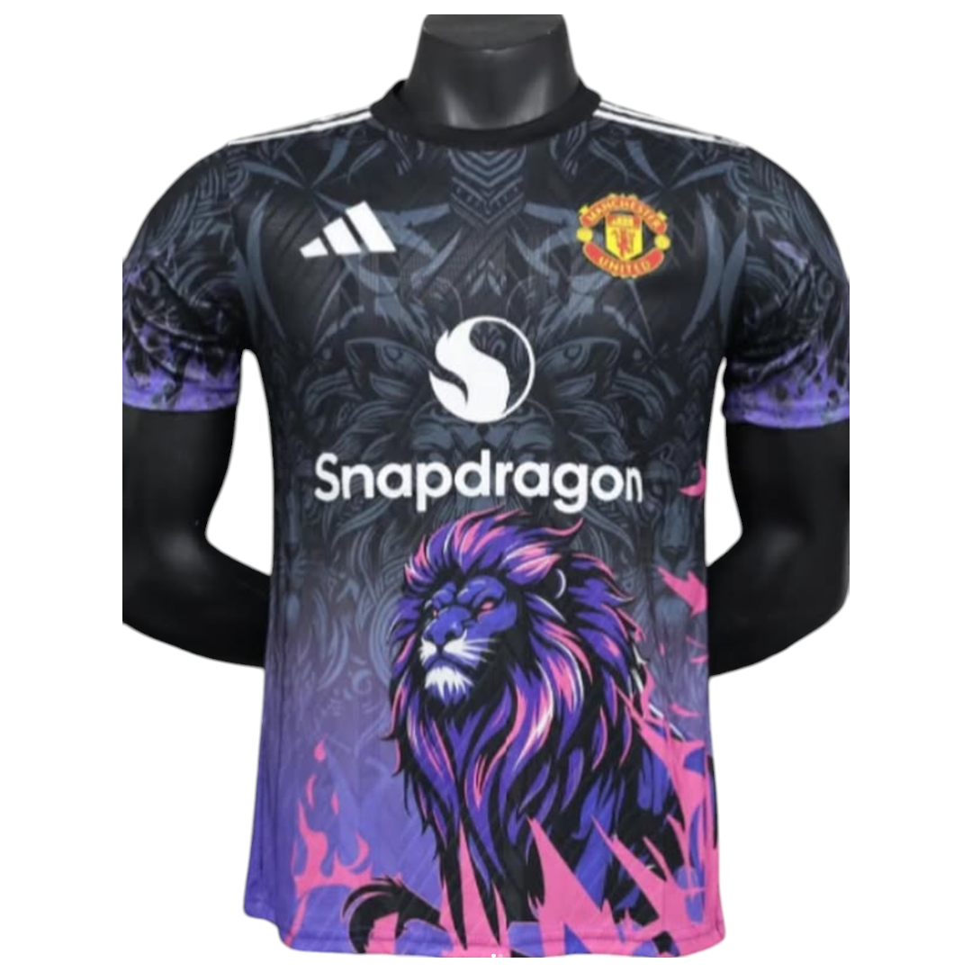 Photoroom-20241210-192102 | UAE SPORT STORE Manchester United football jersey with Snapdragon sponsor, black-to-purple gradient and a purple lion graphic on the front.