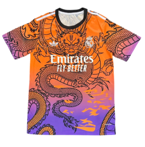 Colorful Real Madrid jersey with a bold dragon graphic and the text 'Emirates Fly Better' across the chest.