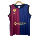 Barcelona-style sleeveless basketball jersey split maroon and blue on a hanger, featuring club crest, Nike swoosh, and 'Assistência Sanitária' sponsor text.