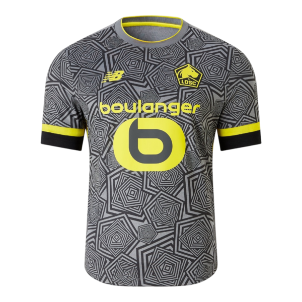 Lille OSC soccer jersey with gray geometric pattern, neon yellow sponsor 'boulanger', crest, and NB logo.