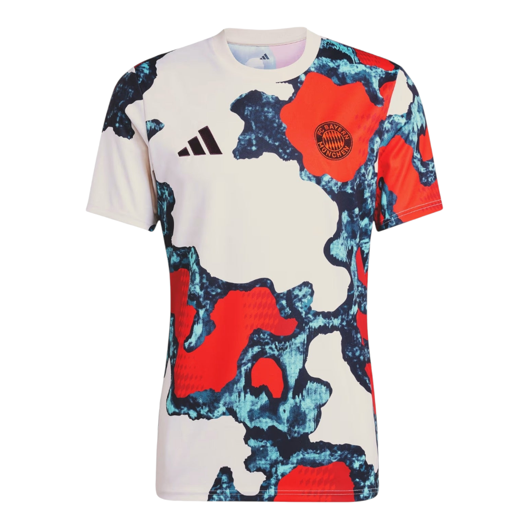 Photoroom-20241223-194734 White Adidas FC Bayern Munich jersey with red and blue abstract pattern and crest on chest edge side of the sleeve.