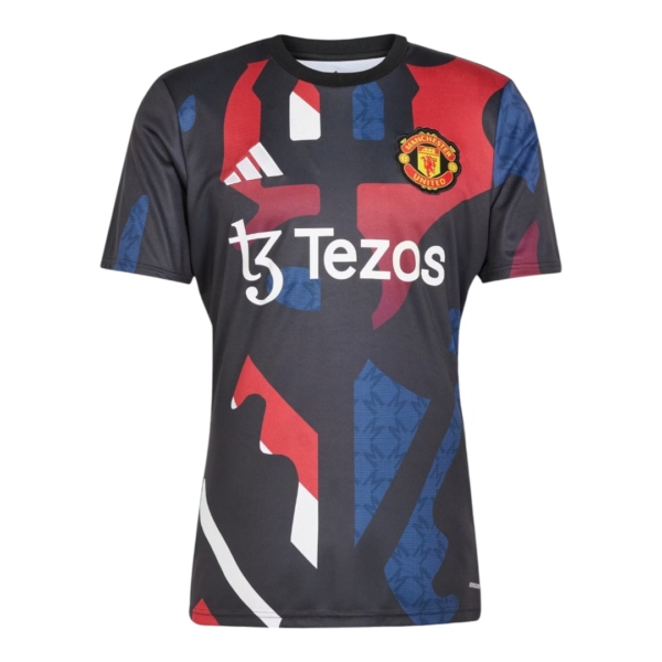 Manchester United football jersey with Tezos sponsor logo and red-blue abstract pattern on a dark background