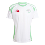 White soccer jersey with lime-green panels, red Adidas logo, and circular team crest on the chest surface.