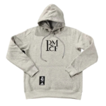 Gray hoodie with a hood and front pocket, featuring a large stylized RMCF logo on the chest and Real Madrid/adidas tags on the pocket area.