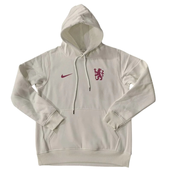 White hoodie featuring a maroon Nike swoosh on the left chest and a maroon lion crest on the right chest, with a front kangaroo pocket and drawstrings.