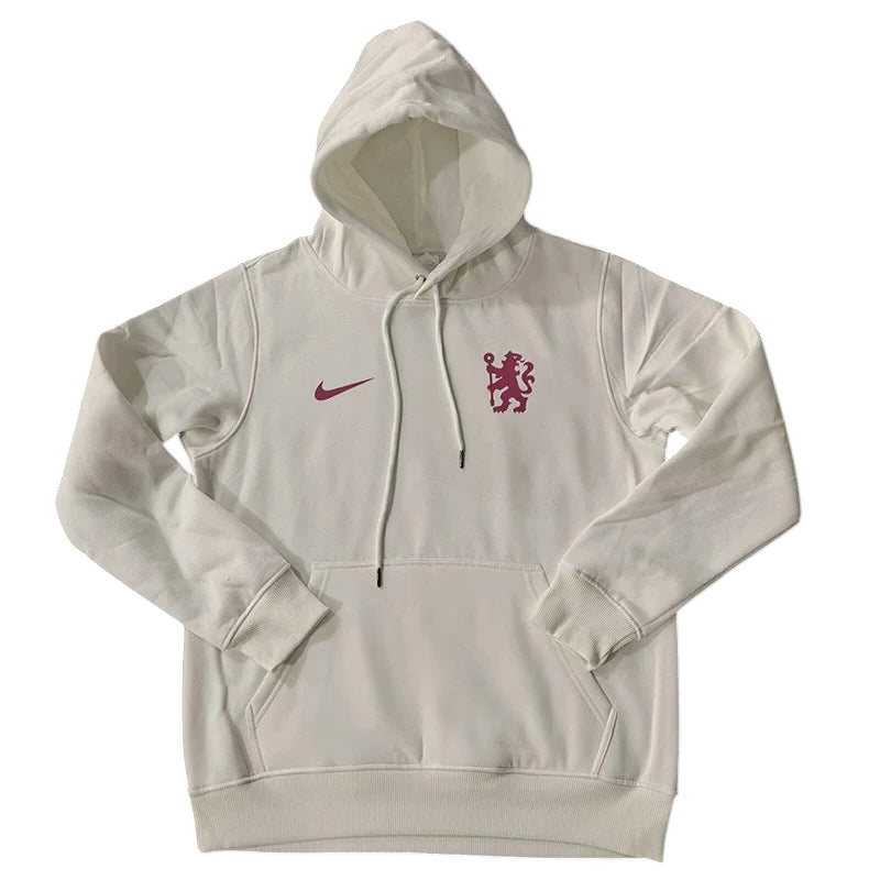 Photoroom-20241225-200129 White hoodie featuring a maroon Nike swoosh on the left chest and a maroon lion crest on the right chest, with a front kangaroo pocket and drawstrings.