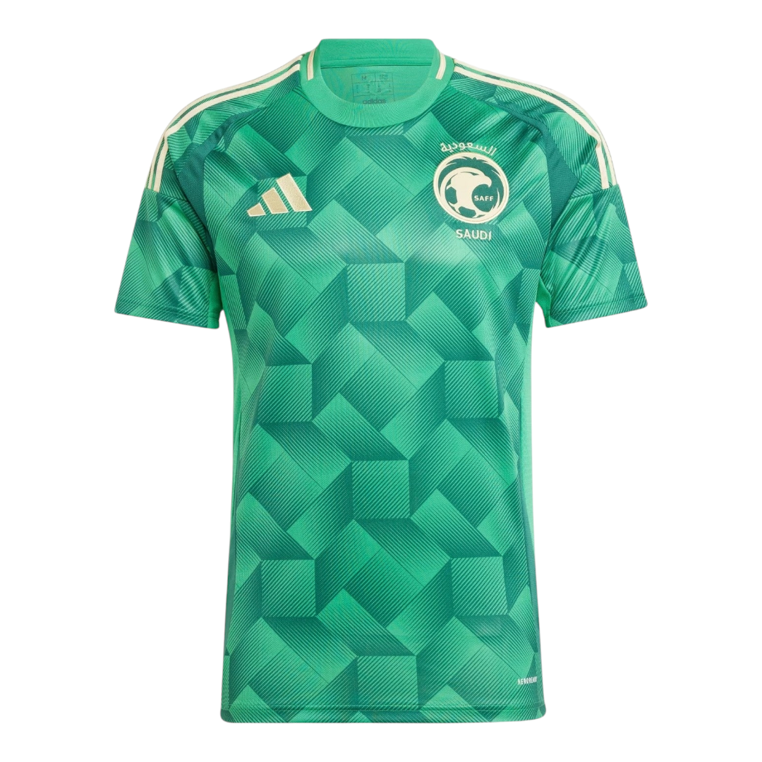 Photoroom-20241225-200356 Saudi Arabia national football team green jersey with geometric pattern, SAFF crest on the chest and Adidas logo on the other side
