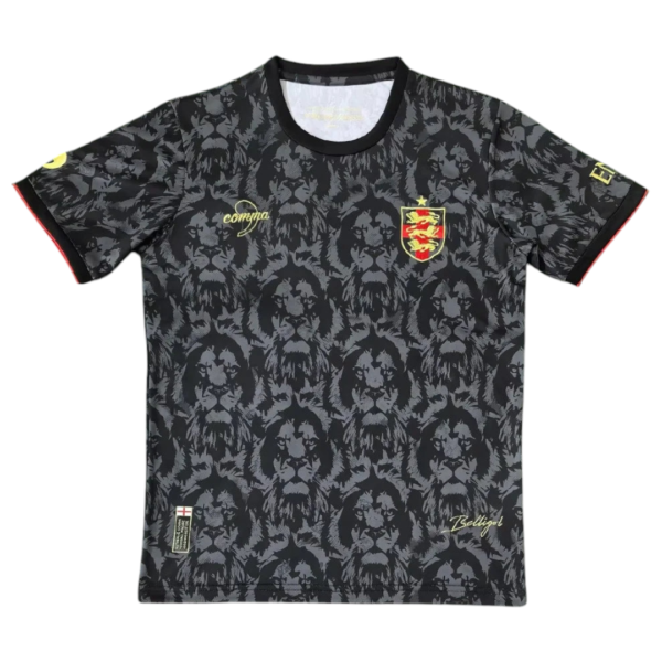 Black sports jersey with gray lion pattern and a red-yellow crest on the chest, resembling a national team soccer jersey.