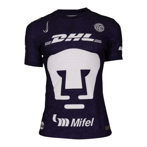 Dark purple athletic jersey with a large white logo on the chest and sponsor logos DHL and Mifel visible, resembling a sports team shirt.