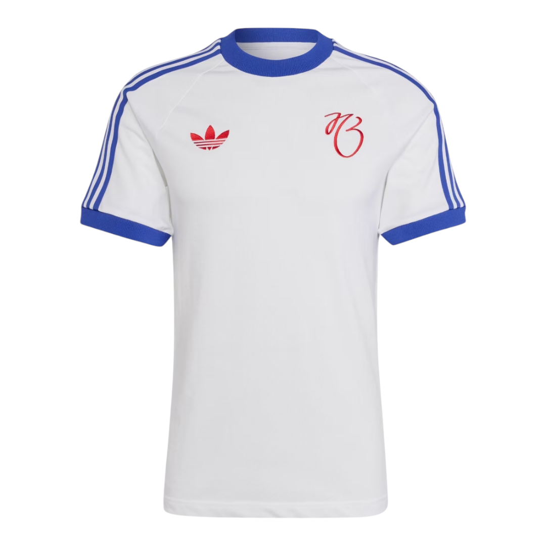 Photoroom-20241226-040253 White athletic T-shirt with blue collar and sleeve cuffs, blue stripes along shoulders, red Adidas-like trefoil logo on left chest and red cursive initials on right chest.