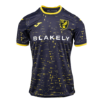 Navy blue football jersey with a yellow splash pattern, yellow trim at the collar and sleeves, and a team crest on the left chest; white 'BLAKELY' sponsor text across the front.