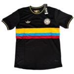 Black Colombia national team soccer jersey with yellow, blue, and red horizontal stripes across the midsection and Adidas logo.