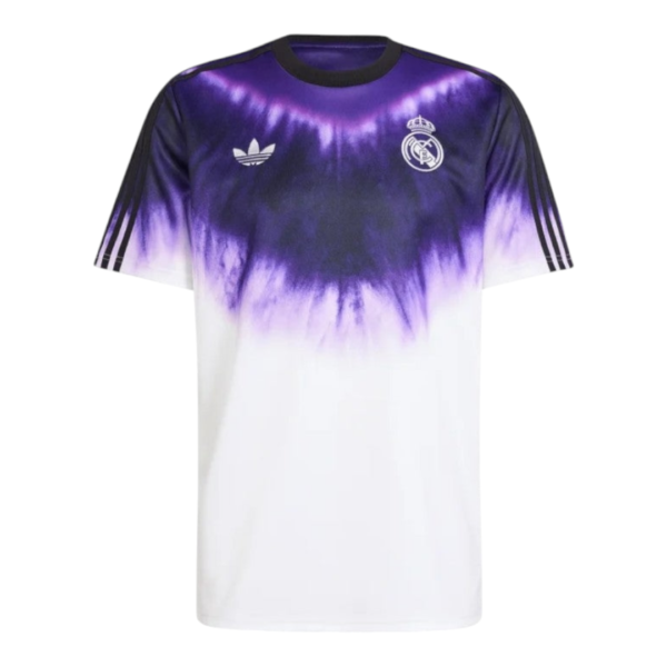 Real Madrid football jersey with a purple-to-white gradient, featuring the club crest and Adidas logo on the chest.